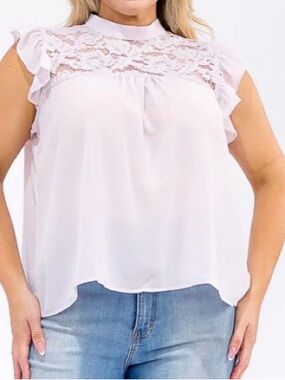Sky Light Pink Lace Yoke Ruffle Sleeve Camisole